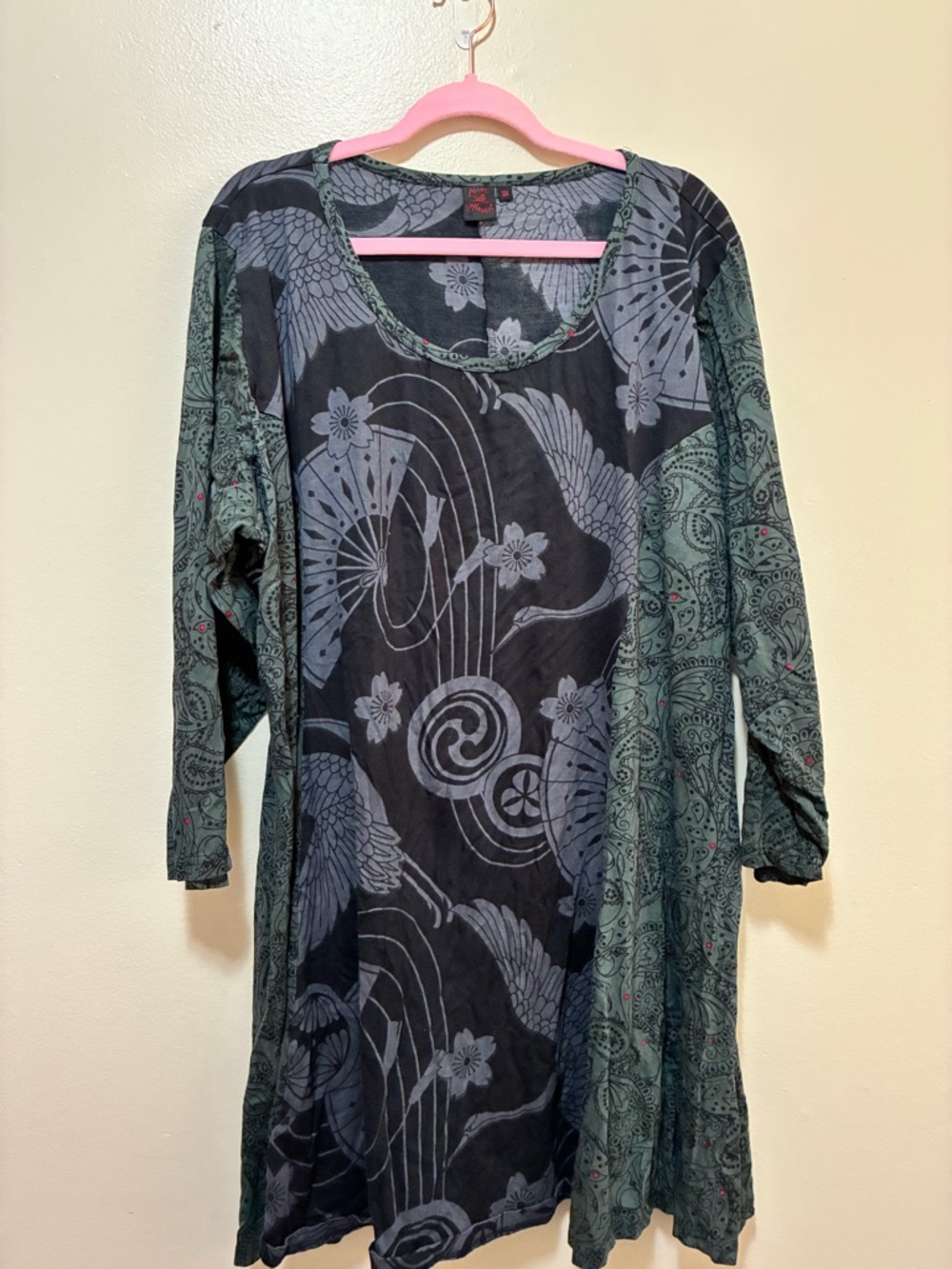 Aller Simplement Black and Green Patterned Long Sleeve Tunic Dress cotton 3x
